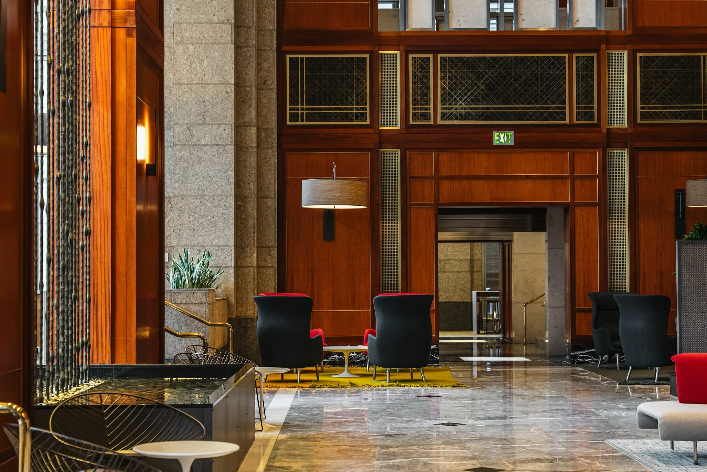 Grand hotel lobby in warm evening light